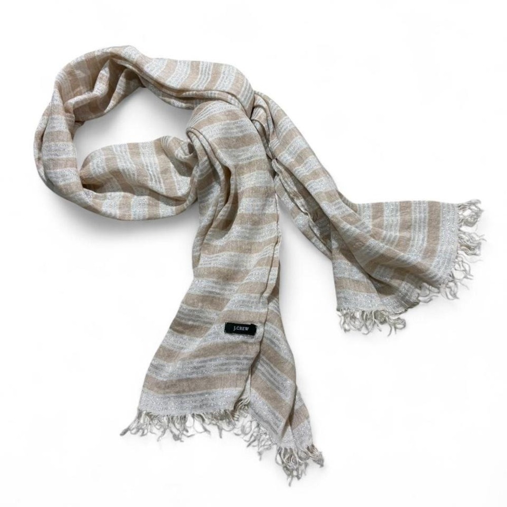 J. Crew scarf fringe Tan cream silver metallic striped light weight resort wear